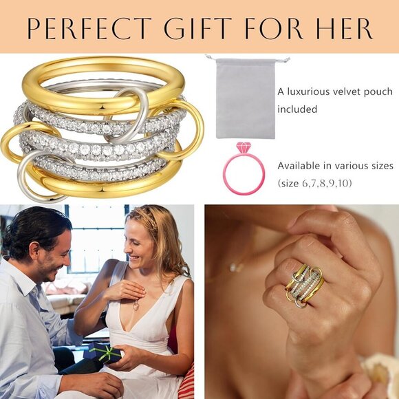 Women’s Gold Plated Copper Stackable Rings Two Tone Multi-Link Jewelry - Picture 6 of 7